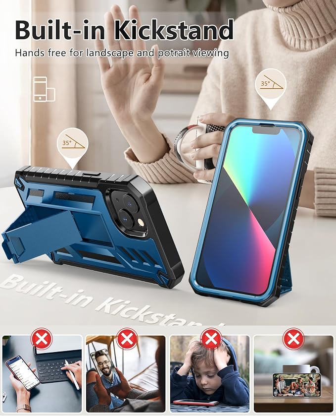 for iPhone 13/14/15 Phone Case: for iPhone 16e Protective Cover with Belt Clip Holster | Durable Dual-Layer Design with Built-in Kickstand | Heavy Duty Military Grade Hard Protection Shock Proof