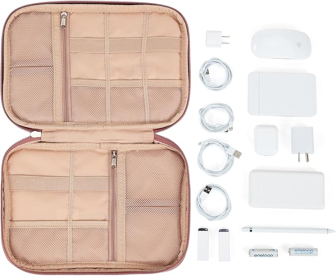 NISHEL Travel Cord Organizer, Electronic Cable Accessories Storage Bag | Bag for chargers, cables, phones, hard drives, USB devices and SD cards, ideal for travel and daily use, Rosewood-Pink