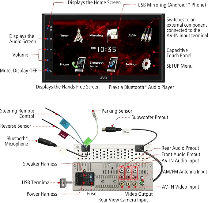 JVC KW-M180BT Bluetooth Car Stereo Receiver with USB Port – 6.75" Touchscreen Display - AM/FM Radio - MP3 Player Double DIN – 13-Band EQ