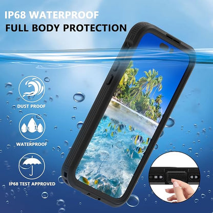 Compatible with iPhone 15 Pro 5G Waterproof Case 6.1 Inch, IP68 Protective with Magsafe, Camera/Lenses/Screen Protector, with Lanyard, Rugged Full Body Shockproof Cover Fundas Black-Clear