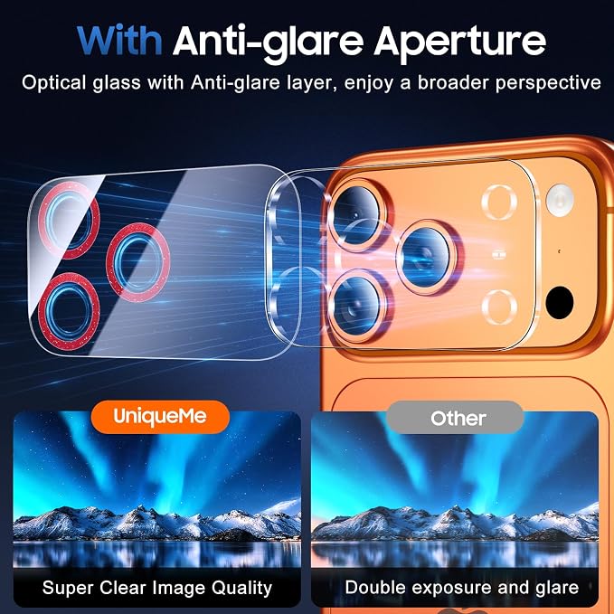 UniqueMe Compatible for 3 Pack iPhone 17 Pro Camera Lens Protector - [Drop Protection] [Case Friendly] 9H Tempered Glass Camera Cover Screen [Update New Version] - Glitter Red