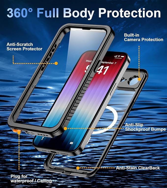Oterkin Waterproof Case for iPhone 17e / 16e Case Compatible with MagSafe Accessories, Full Body Shockproof Rugged Phone Case with Built-in HD Screen & Lens Protector 12FT Military Grade (MS-Black)