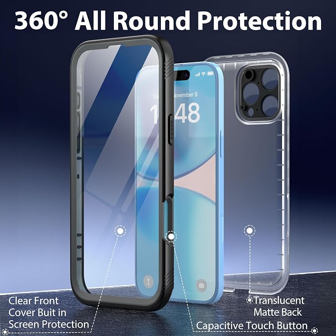 SPORTLINK for iPhone 16 Pro Case Waterproof - Built in Screen Protective, IP68 Underwater /6.6FT Military Dropproof/Dustproof/Full Body Phone Case 6.3 inch Black/Frosted Clear