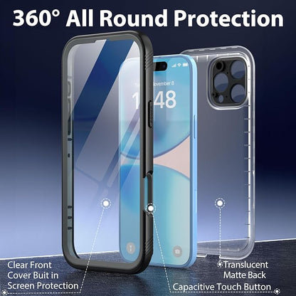 SPORTLINK for iPhone 16 Pro Case Waterproof - Built in Screen Protective, IP68 Underwater /6.6FT Military Dropproof/Dustproof/Full Body Phone Case 6.3 inch Black/Frosted Clear