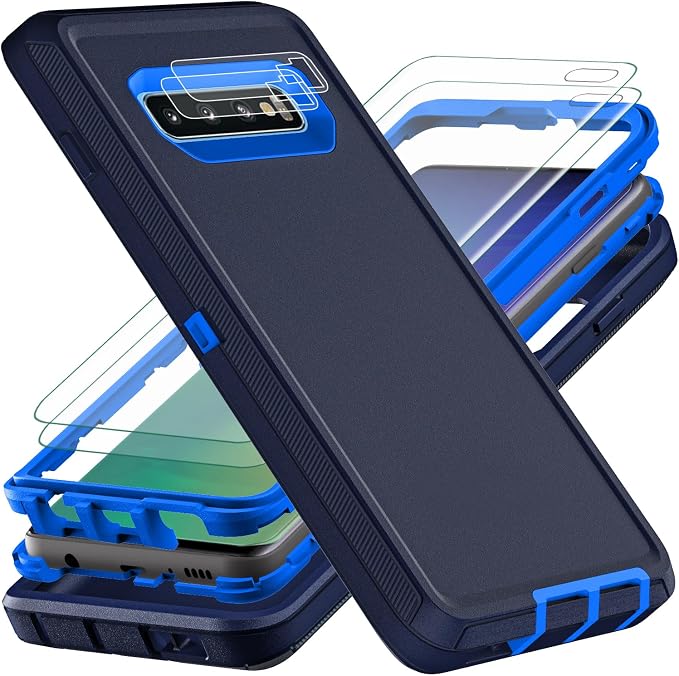 for Samsung Galaxy S10 Plus Case, with 2Pcs [Self Healing Flexible TPU Screen Protector & Camera Lens Protector] Military Grade 3 in 1 Heavy Duty Case for Galaxy S10 Plus (Navy Blue)
