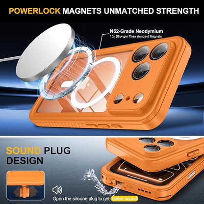 ANTSHARE for iPhone 17 Pro Case, Compatible with Magsafe, IP68 Waterproof Case, [Built-in Screen Protector] - 12 FT Military Dropproof - Full Body Heavy Duty Rugged Phone Cover - Orange/Clear
