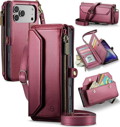 Strapurs Wallet Case Compatible with iPhone 17 Pro 6.3" RFID Blocking 9-Card Holder Soft PU Leather Magnetic Snap Shoulder Strap Zipper Pocket Phone Case Fit for iPhone 17 Pro for Women - WineRed