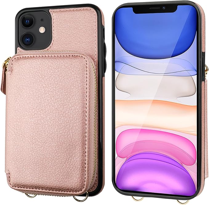 Bocasal RFID Blocking Wallet Case for iPhone 11, Adjustable Crossbody Zipper Purse Case Card Holder with Kickstand Detachable Wrist Strap, PU Leather Flip Folio Case 6.1 Inch (Rose Gold)