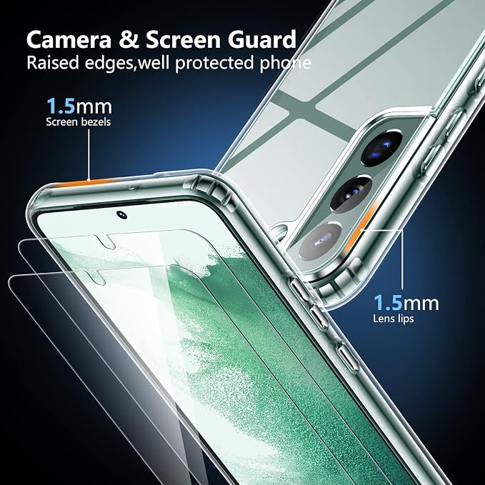 SPIDERCASE Designed for Samsung Galaxy S22 Case, [10 FT Military Grade Drop Protection], 2 Pack [Tempered Glass Screen Protector+Camera Lens Protector] Heavy Duty Shockproof Case, Clear