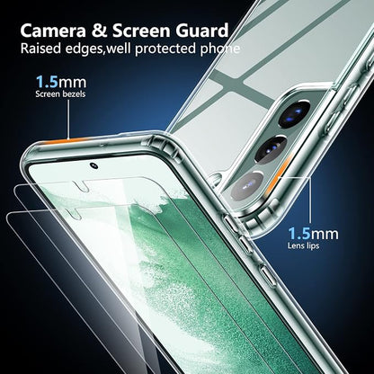 SPIDERCASE Designed for Samsung Galaxy S22 Case, [10 FT Military Grade Drop Protection], 2 Pack [Tempered Glass Screen Protector+Camera Lens Protector] Heavy Duty Shockproof Case, Clear