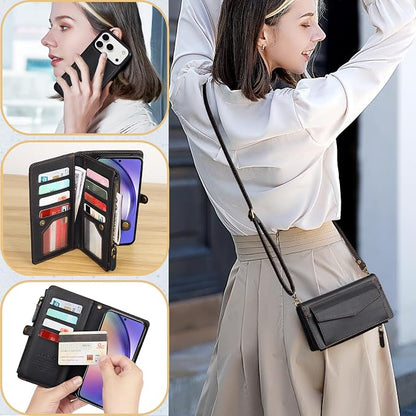 Compatible with iPhone 17 Pro 6.3" Wallet Case with RFID Blocking Card Holder for Women, PU Leather Flip Zipper Wallet Detachable Magnetic Phone Case Crossbody Strap, Black