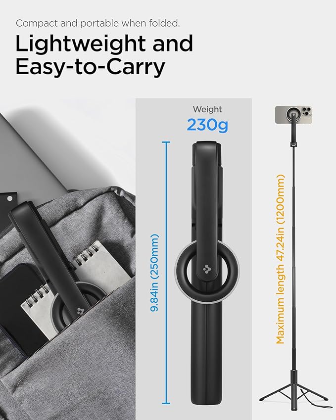 Spigen Selfie Stick Tripod Stand with Bluetooth Remote Control Shutter 47" Extendable Compatible with MagSafe iPhone 17/16/15/14/13/12 Pixelsnap Pixel 10 Series & More - Black (S580W)