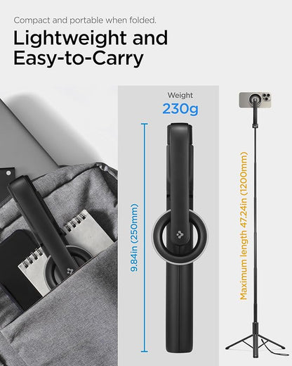 Spigen Selfie Stick Tripod Stand with Bluetooth Remote Control Shutter 47" Extendable Compatible with MagSafe iPhone 17/16/15/14/13/12 Pixelsnap Pixel 10 Series & More - Black (S580W)