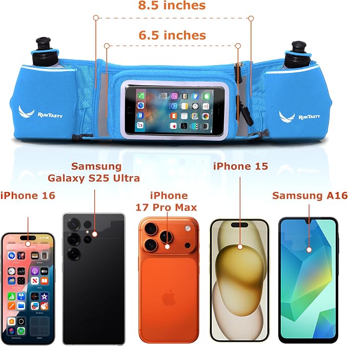 No.1 Hydration Belt by Runtasty - Premium Running Fuel Belt w/2 BPA-Free 10 oz Water Bottles, Tilt-Up Pocket w/Touchscreen-Ready Cover - Fits All iPhones, Runners Ebook & No-Bounce Design
