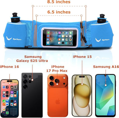 No.1 Hydration Belt by Runtasty - Premium Running Fuel Belt w/2 BPA-Free 10 oz Water Bottles, Tilt-Up Pocket w/Touchscreen-Ready Cover - Fits All iPhones, Runners Ebook & No-Bounce Design