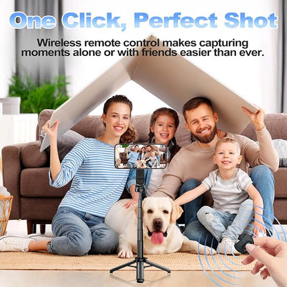 4-in-1 Multifunctional 360° Rotation Magnetic Selfie Stick, Mini Portable Extendable Phone Tripod with Remote and Metal Ring for iPhone & Android, for Travel Vlog Live Streaming (Black)