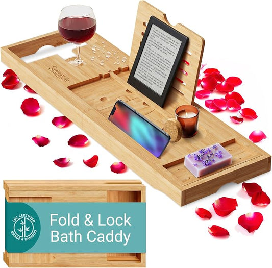 SereneLife Premium Bathtub Tray Caddy with Gift Box and Bow Set, Expandable Bath Tray, Unique House Warming Gifts for Mom, Women, Wedding, Anniversary, Bridal Shower, Fit for All Tub - Classic