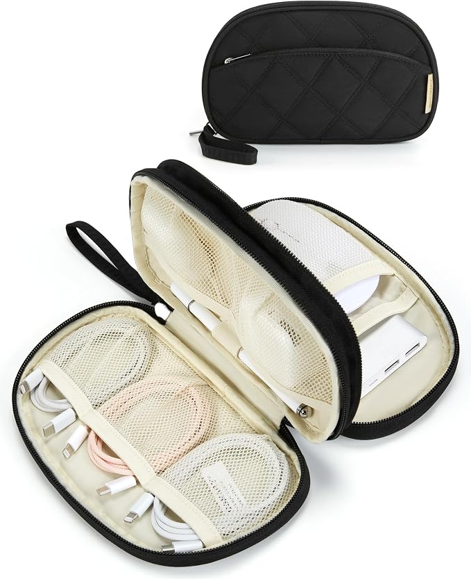 BAGSMART Travel Cord Organizer Electronics Case, Double Layers Puffer Cable Organizer Bag Travel Essentials for Women, Tech Organizer Case for Charger, Phone, Flash Drive - Black