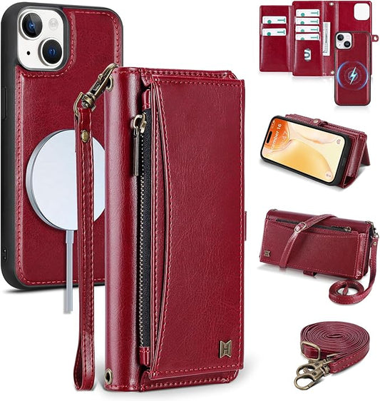 Wallet Case for iPhone 15 with Card Holder/Crossbody Wallet/Strap| RFID Blocking | Magnetic | Kickstand | Detachable | PU Leather Phone Case for iPhone 15,6.1 in,Wine Red