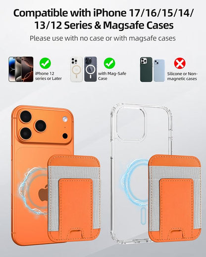ExtreLife Upgraded for Magsafe Wallet, Stronger Magnetic Wallet for iPhone 17/16/15/14/13/12 Series, for iPhone Magsafe Wallets, Vegan Leather, Fit 7 Cards, Orange+Gray