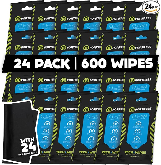 Fortress Electronic Wipes With Microfiber Cloth (25 ct, Pack of 24) To-Go Tech Wipes for Screens, Phones, Keyboards, TV Monitors, Computer Screens, and More [Travel Size] Skin-Safe