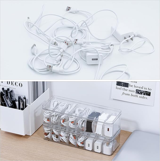 2 Pack Cable Organizer Box with Lid, Plastic Cord Storage Organizer with 8 Adjustable Compartments for Home Office Desk Drawer, Clear Phone Charger Bins