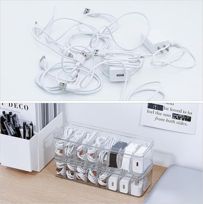 2 Pack Cable Organizer Box with Lid, Plastic Cord Storage Organizer with 8 Adjustable Compartments for Home Office Desk Drawer, Clear Phone Charger Bins