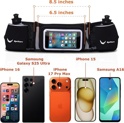 No.1 Hydration Belt by Runtasty - Premium Running Fuel Belt w/2 BPA-Free 10 oz Water Bottles, Tilt-Up Pocket w/Touchscreen-Ready Cover - Fits All iPhones, Runners Ebook & No-Bounce Design