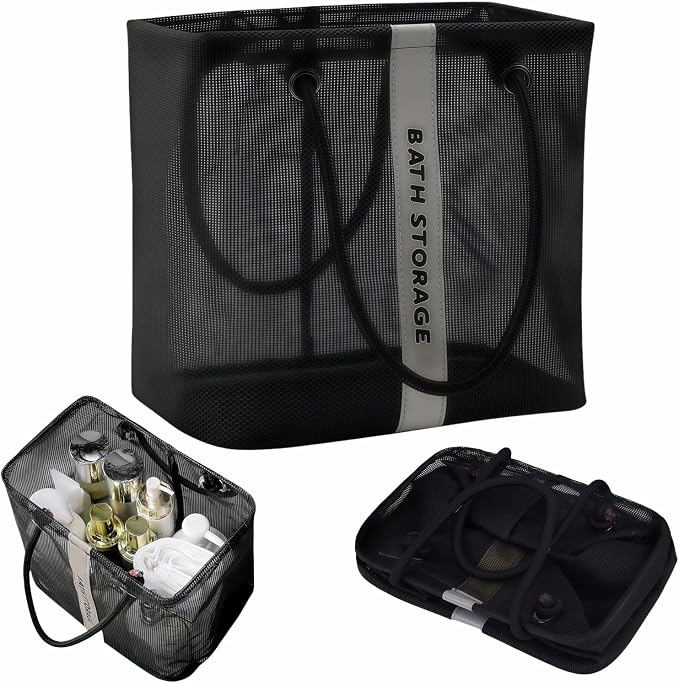 Large Shower Caddy with Wide Mouth, Foldable Mesh Organizer for Bathroom, College Dorm, Gym & Camping - Heavy Duty Cotton Handle, Quick-Dry Storage for Toiletries