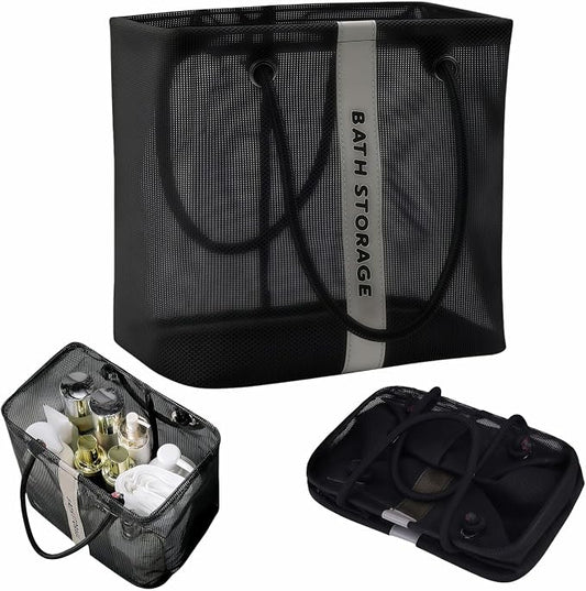 Large Shower Caddy with Wide Mouth, Foldable Mesh Organizer for Bathroom, College Dorm, Gym & Camping - Heavy Duty Cotton Handle, Quick-Dry Storage for Toiletries