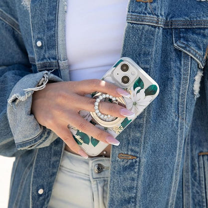 Sonix Magnetic Phone Grip and Phone Ring Holder - Compatible with MagSafe - Rotatable Kickstand and Phone Holder for iPhone 16, 15, 14, 13, 12 Series - Silver/Clear Rhinestone