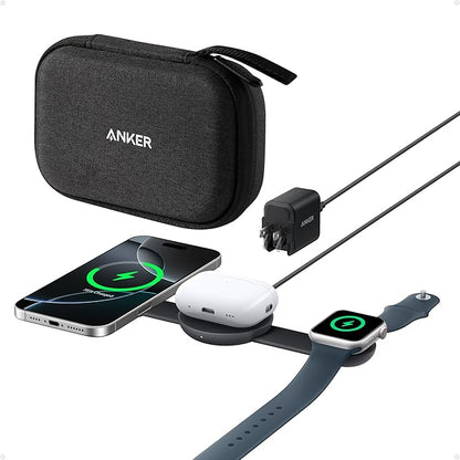 Anker MagSafe Compatible MagGo UFO 3-in-1 Charger, iPhone 17 Wireless Charging Station, 15W Qi2 Certified, Foldable Travel Charging Pad (Black Stone, with Travel Case & Adapter)