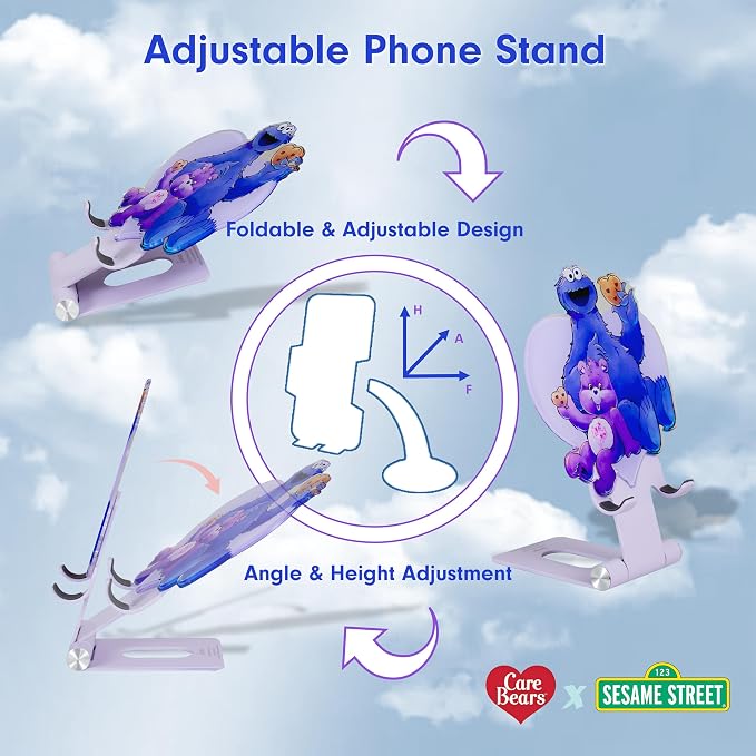 Sonix Character Phone Stand | Adjustable Cell Phone Holder, Desk Stand, Dock | Care Bears x Sesame Street Purple | Share Bear & Cookie Monster