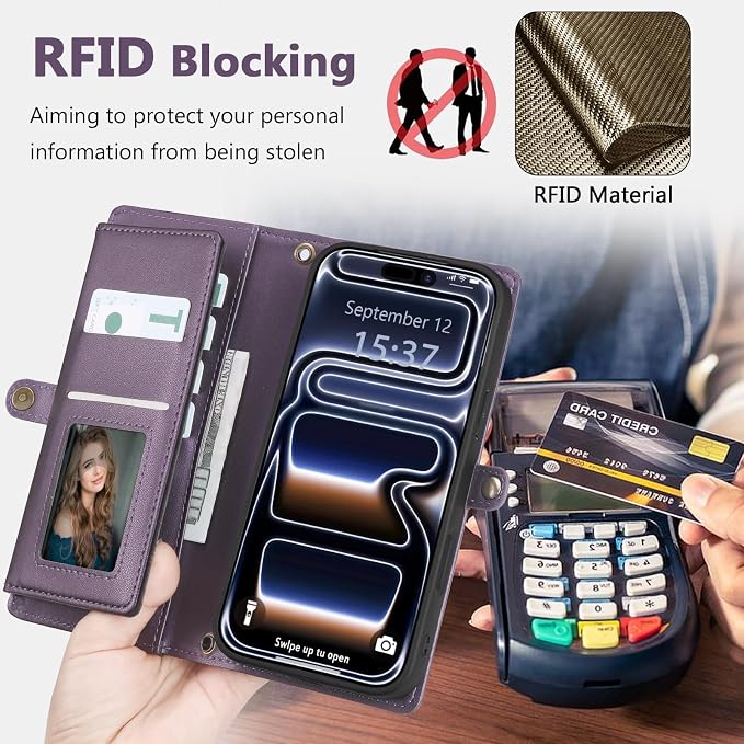 Wallet Case for iPhone 17 Pro with Card Holder/Crossbody Wallet/Strap,[RFID Blocking][Magnetic] PU Leather Phone Case for iPhone 17 Pro,6.3 in,Purple