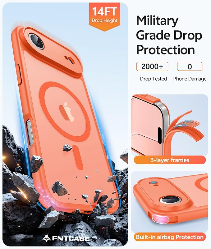 FNTCASE for iPhone Air Case: [Compatible with Magsafe] Translucent Matte Cases with [Full Camera Protection] [Screen Protector] Military Grade Shockproof Protective Phone Cover - Orange