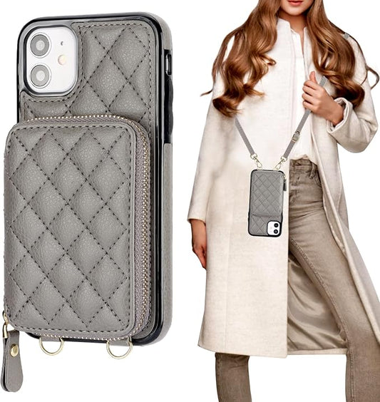 Bocasal Crossbody Wallet Case for iPhone 11, RFID Blocking PU Leather Zipper Handbag Purse Flip Cover, Kickstand Folio Case with Card Slots Holder Wrist Strap Lanyard 6.1 Inch (Grey)