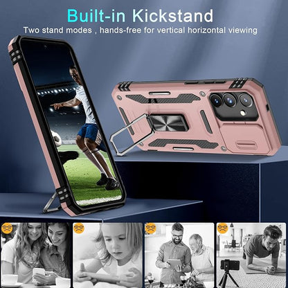 DEERLAMN Case for Samsung Galaxy S25 6.2-Inch with Slide Camera Cover+Screen Protector (1 Pack), Rotated Ring Kickstand Military Grade Shockproof Protective Cover-Rose Gold
