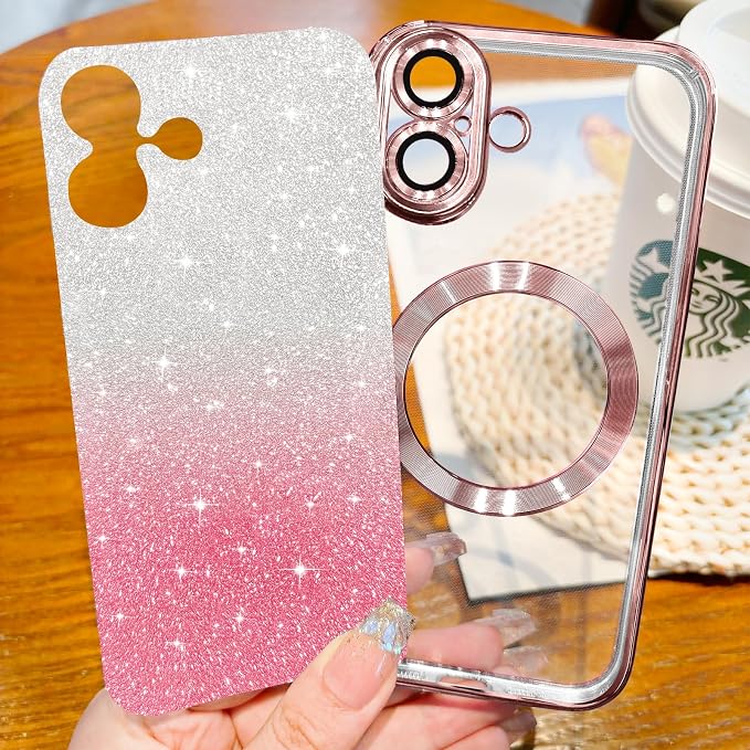 Hython for iPhone 17 Case Glitter Clear Magnetic Phone Cases [Compatible with MagSafe] Full Camera Lens Protector Sparkle Luxury Plating Slim Shockproof Protective Cover Women, Gradient Pink