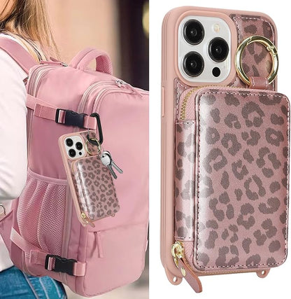Crossbody Wallet Case for iPhone 14 Pro Max, PU Leather Zipper Handbag Purse Flip Cover, Kickstand Folio Case with Card Slots Holder Wrist Strap Lanyard 5G 6.7 Inch-Pink Leopard