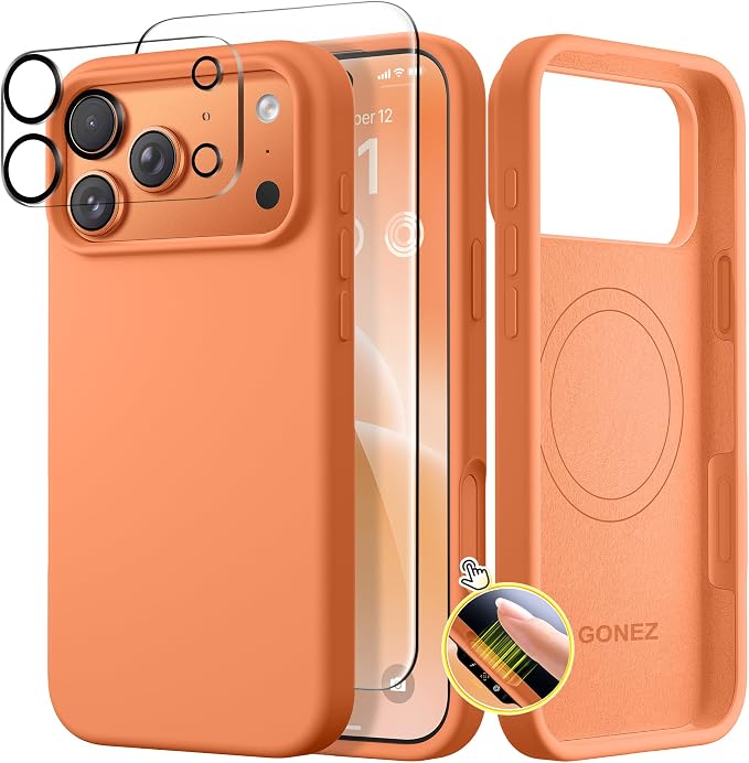 GONEZ Magnetic for iPhone 17 Pro Case, Compatible with MagSafe, [Screen Protector + Camera Lens Protector], Liquid Silicone Anti-Scratch Shockproof Protective Phone Case 6.3 inch, Starry Orange