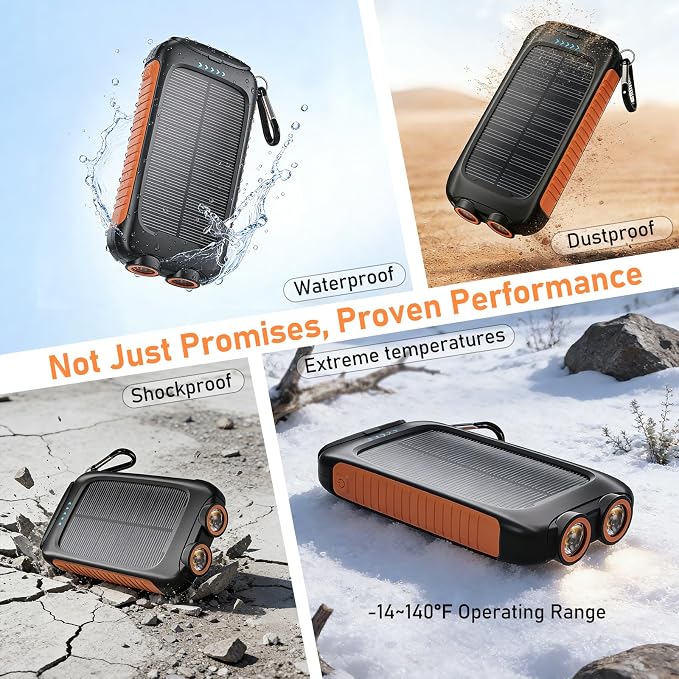 Solar Power Bank 20000mAh, Orange Portable Charger with USB-C USB-A Outputs, Emergency Backup Battery Pack, LED Flashlight, for iPhone Samsung Android – Solar for Emergency Only, Perfect for Camping