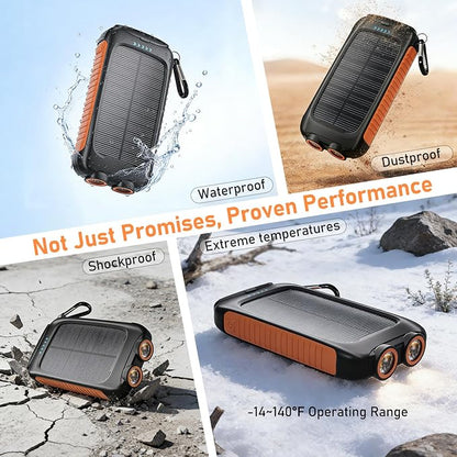 Solar Power Bank 20000mAh, Orange Portable Charger with USB-C USB-A Outputs, Emergency Backup Battery Pack, LED Flashlight, for iPhone Samsung Android – Solar for Emergency Only, Perfect for Camping