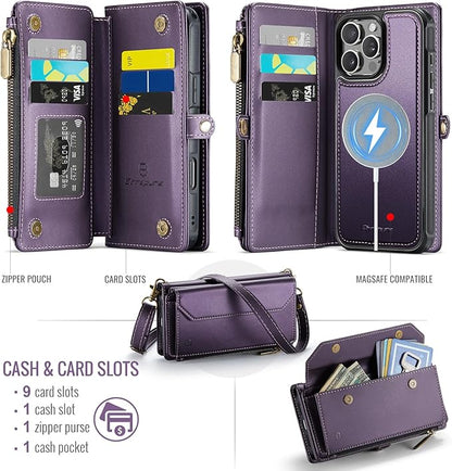 Strapurs for iPhone 16 Pro Detachable Wallet Case Compatible with Magsafe, RFID Blocking 9-Card Holder Zipper Wrist Strap Lanyard PU Leather Magnetic Phone Case for iPhone 16 Pro 6.3", Purple