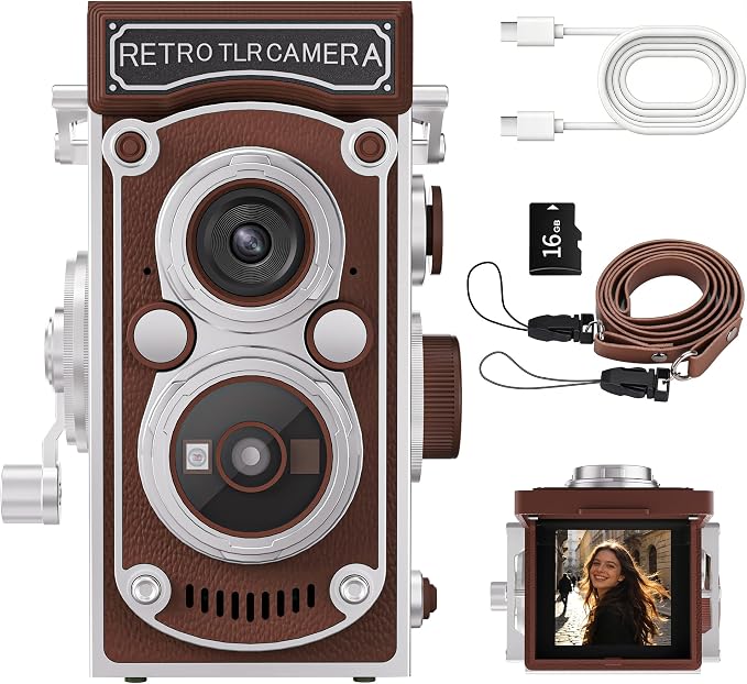 Mini Retro TLR Digital Camera, Portable 24MP 1080P FHD Vintage Point and Shoot Pocket Travel Camera with Twin Lens, Autofocus, 16X Digital Zoom, 16GB Card, for Beginners, Teens & Adults - Brown
