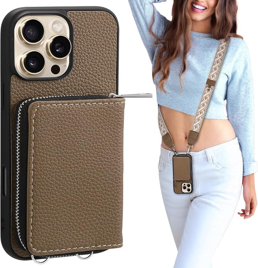 XANGNIER Wallet Case for iPhone 15 Pro Max, RFID Blocking PU Leather Crossbody Phone Purse with Card Holder, Zipper Pocket, Wrist Strap & Adjustable Lanyard for Women 6.7" 5G, Brown