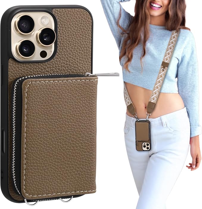 XANGNIER Wallet Case for iPhone 16 Pro Max, RFID Blocking PU Leather Crossbody Phone Purse with Card Holder, Zipper Pocket, Wrist Strap & Adjustable Lanyard for Women 6.9" 5G,Brown