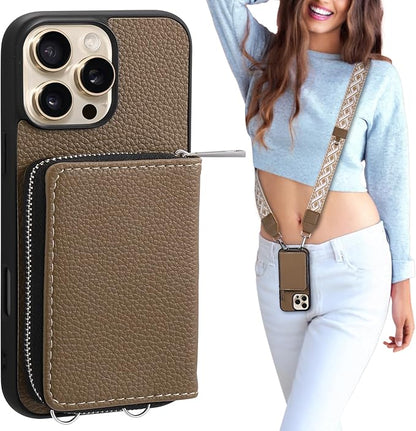 XANGNIER Wallet Case for iPhone 16 Pro, RFID Blocking PU Leather Crossbody Phone Purse with Card Holder, Zipper Pocket, Wrist Strap & Adjustable Lanyard for Women 6.3" 5G, Brown