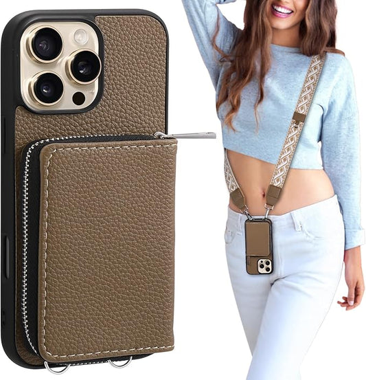 XANGNIER Wallet Case for iPhone 16 Pro, RFID Blocking PU Leather Crossbody Phone Purse with Card Holder, Zipper Pocket, Wrist Strap & Adjustable Lanyard for Women 6.3" 5G, Brown