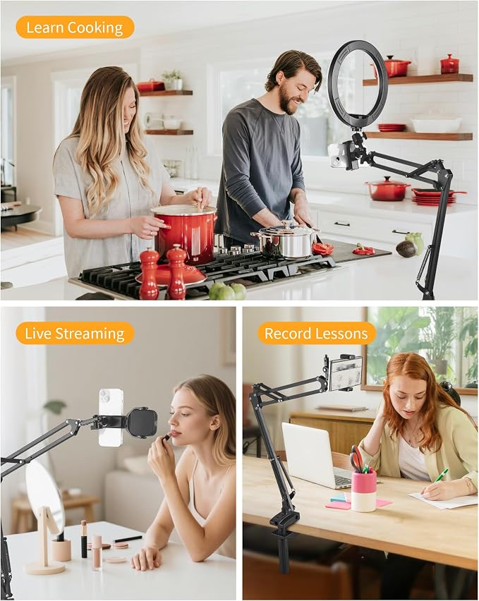 Phone Holder for Bed Desk, Flexible Camera Arm Desk Mount Clamp with Phone Holder and Ball Head, Overhead Tripod Mount for Camera Webcam Ring Light
