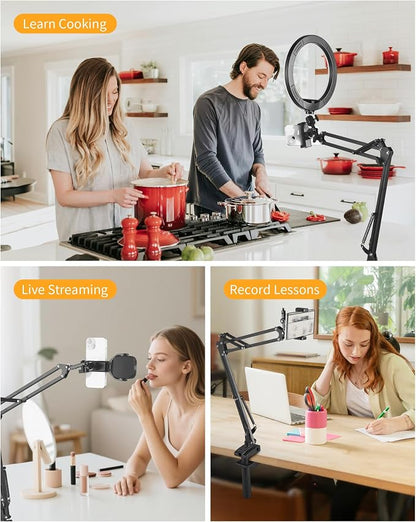 Phone Holder for Bed Desk, Flexible Camera Arm Desk Mount Clamp with Phone Holder and Ball Head, Overhead Tripod Mount for Camera Webcam Ring Light